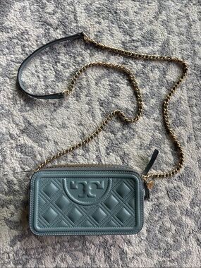Tory Burch Quilted Leather Chain Crossbody in Teal Blue